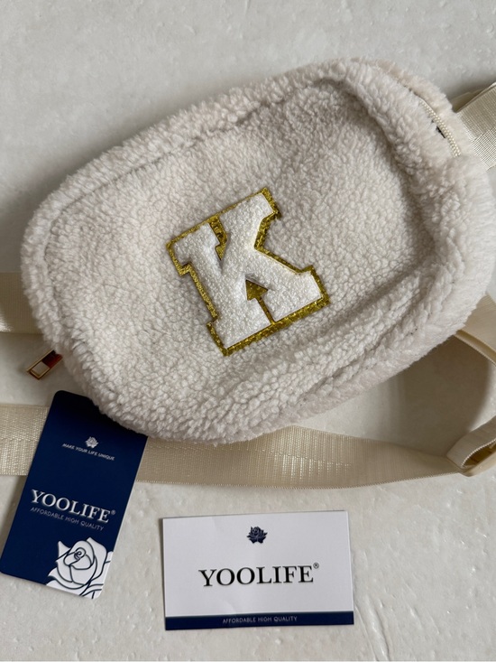 Other - Ivory White Sherpa Belt Bag w Chenille & Gold K Patch New with Tags